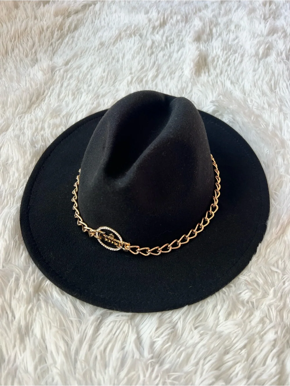 Juicy Couture Black Felt Fedora with Gold Chain Accent